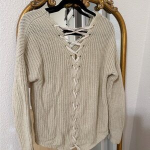 American Rag Cream V-Neck Lace-Up Sweater